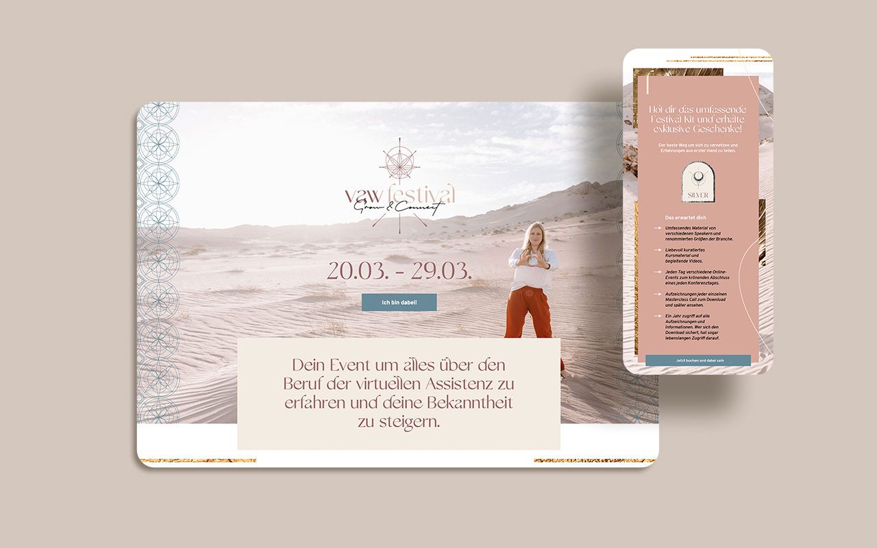 Virtual Assistant Women Brand Design und Brand Identity kombiniert im Screen Design in mobiler und Desktop Ansicht